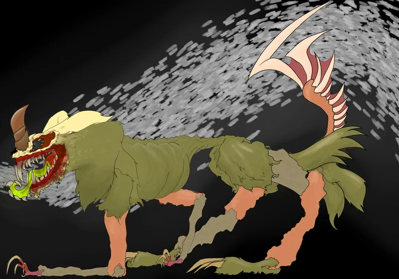 Painting of an emaciated, moss-furred creature with a horned skull, bloody jaws and bony tail spines, prowling through a dark storm.