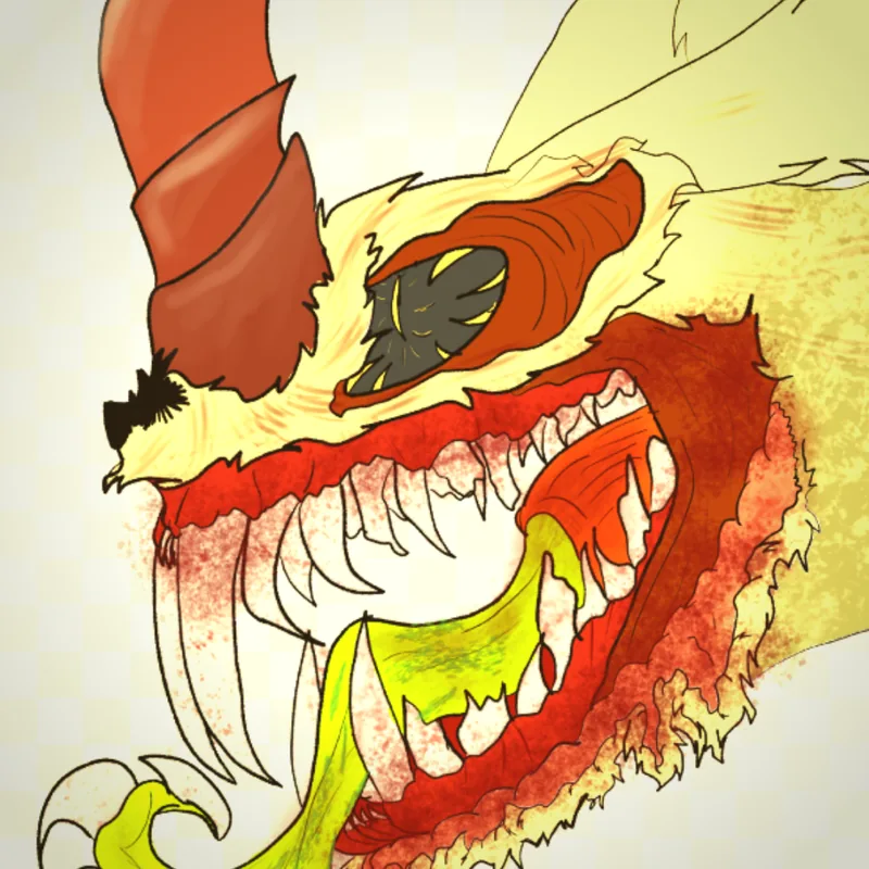 Close-up painting of a horned creature’s gaping, bloody jaws dripping green ooze.