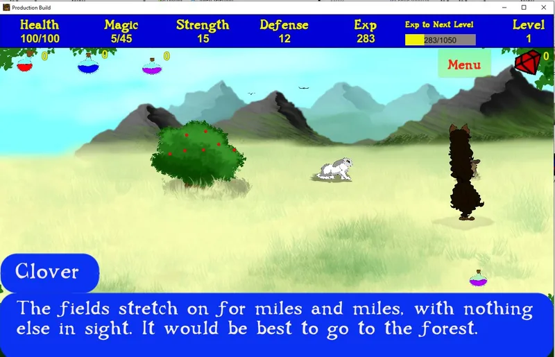 Gameplay: Penny in an open grassy field beneath mountains, with a fruit bush and a small white creature nearby; a dialogue box reads “The fields stretch on for miles and miles, with nothing else in sight.”