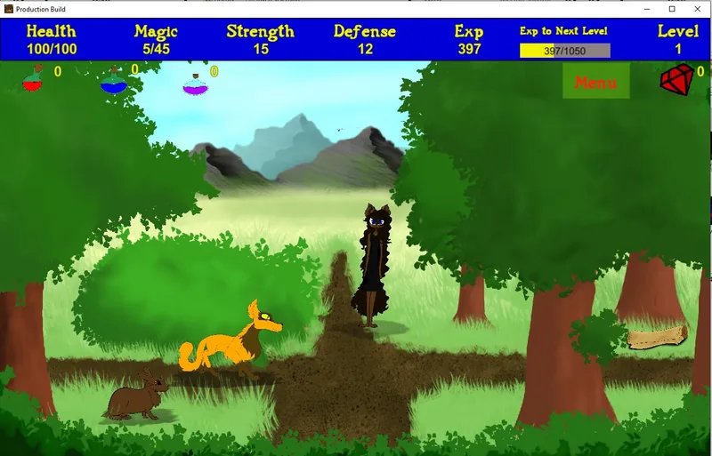 Gameplay: Penny on a dirt path into a sunny forest, with a fox and a small brown animal in the undergrowth and a scroll lying on the path.