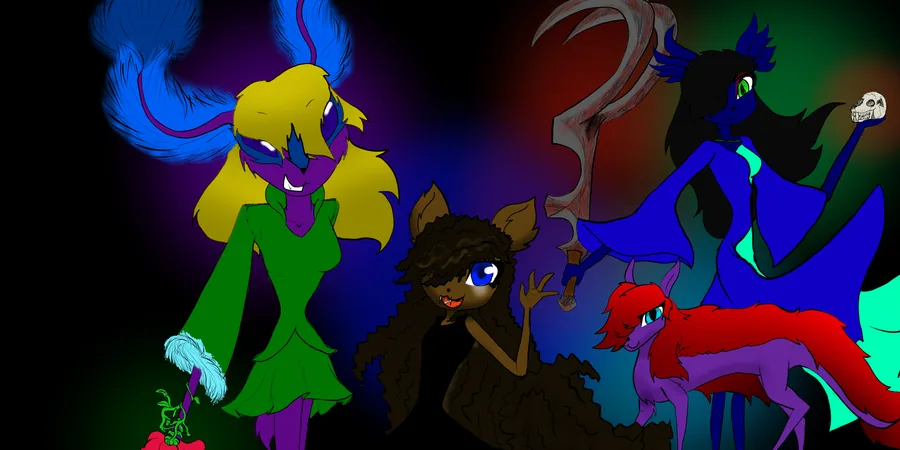 Key art of Penny and the figures she meets: a blonde woman with a wilted rose, a robed figure with a scythe and skull, and a red-maned wolf.