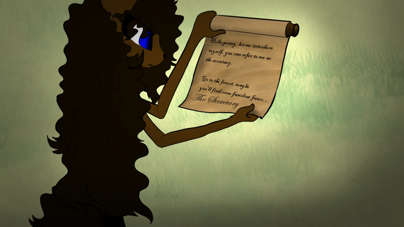 Cutscene: Penny, a figure of dark curls with one bright blue eye, holds open the Secretary’s parchment letter in a misty field.
