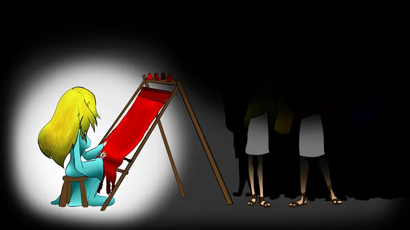 Cutscene: a blonde woman in a blue dress sits in a pool of light at a loom strung with red cloth, while shadowed figures stand watching in the dark.